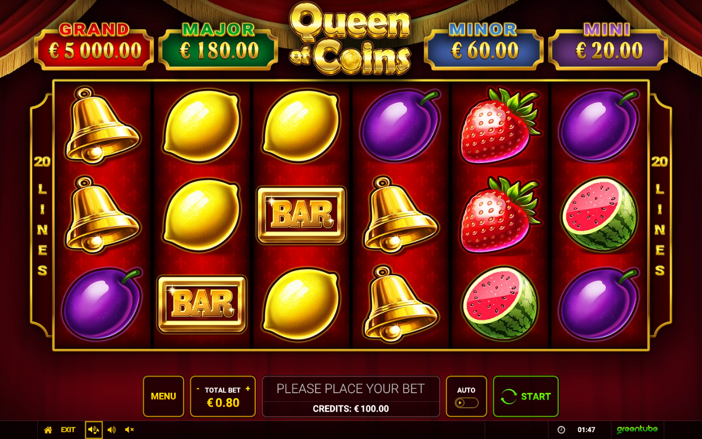 Queen of Coins base game showing six reels, fruit symbols and four colored bonus labels