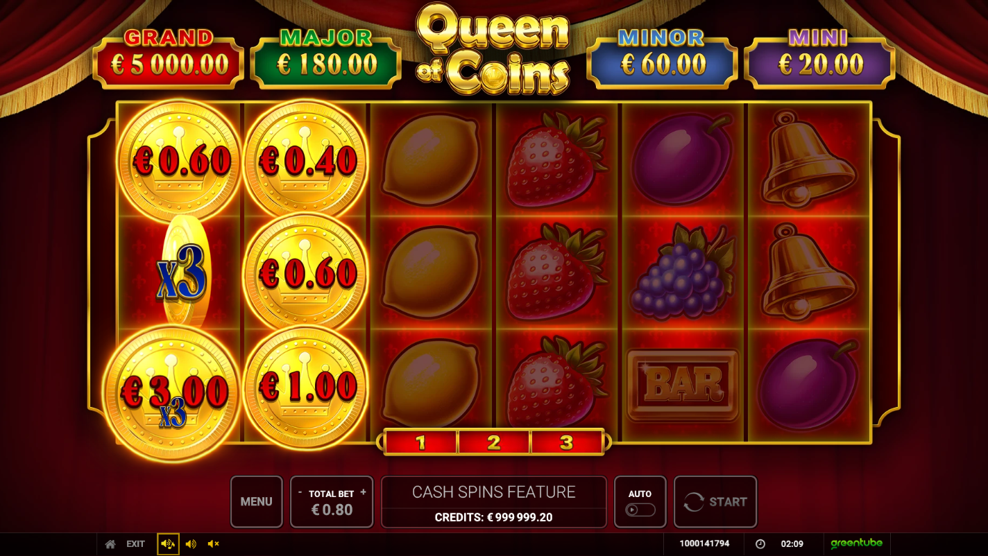 Queen of Coins Cash Spins screen with locked prize coins and a visible x2 multiplier