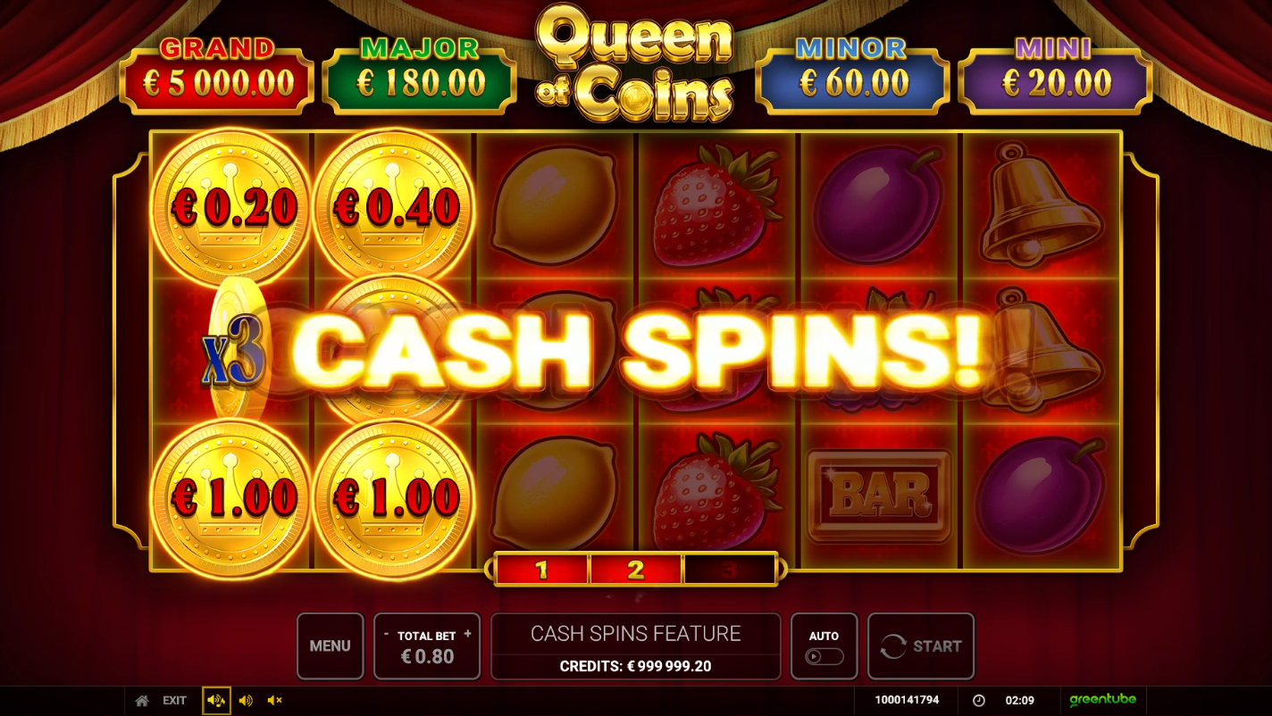 Queen of Coins Cash Spins trigger with six illuminated Coin symbols and a three-step counter