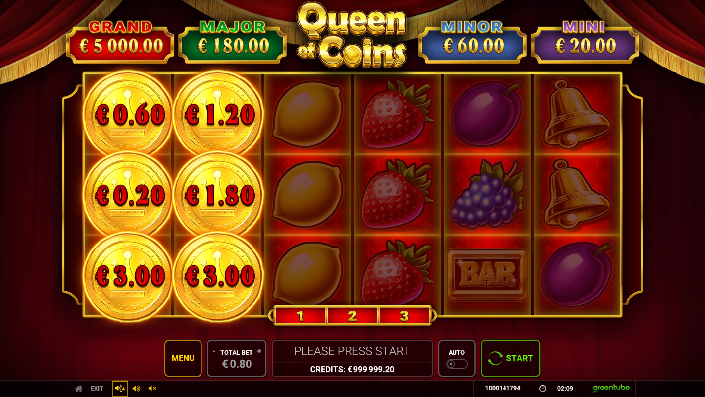 Queen of Coins prize Coins beneath GRAND, MAJOR, MINOR and MINI displays