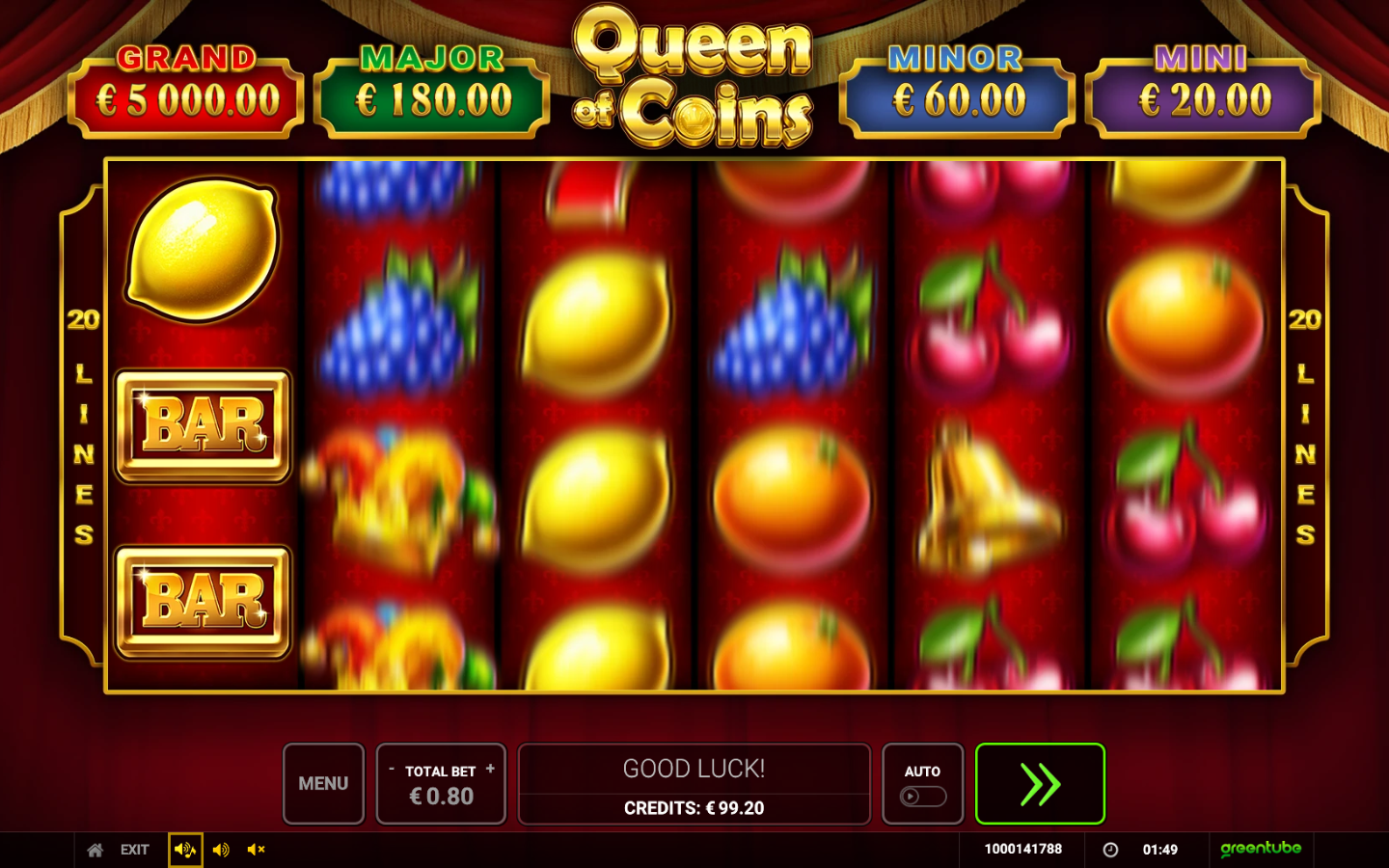 Queen of Coins reels in motion with the 20 LINES labels visible on both sides